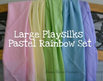 Playsilks, Pastel Rainbow Set of Five Waldorf Inspired Large Play Silks, 35 x 35. Natural Toy, Open Ended Play, Dress Up