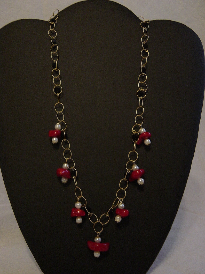 Genuine Coral Freshwater Pearls and Jet Crystals on Gold Filled Chain Necklace Matching Earrings