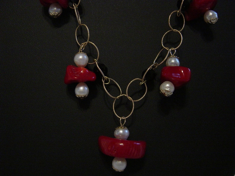 Genuine Coral Freshwater Pearls and Jet Crystals on Gold Filled Chain Necklace Matching Earrings