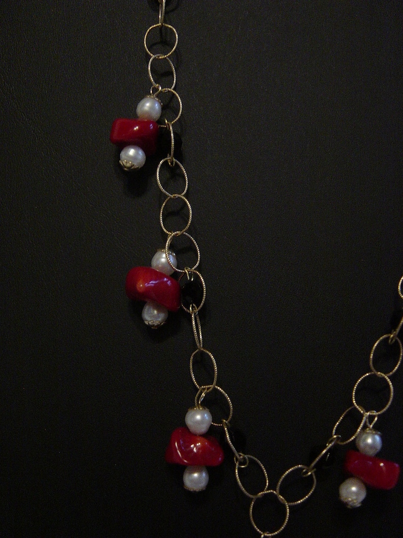 Genuine Coral Freshwater Pearls and Jet Crystals on Gold Filled Chain Necklace Matching Earrings