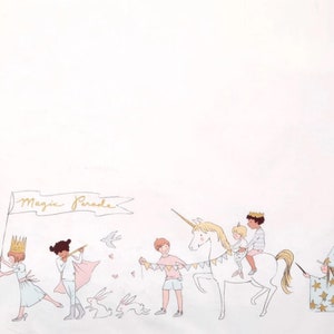 May include: A white background with a gold banner that reads "Magic Parade".  A group of children are dressed in costumes and are walking in a parade.  There is a unicorn with a child riding on its back.  There are also bunnies and birds in the image.
