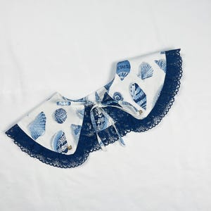 Blue Seashells Detachable Ruffle Peter Pan Collar, Removeable Bib Collar, Seashell Print Cotton Removeable Collar, Ruffle Collar