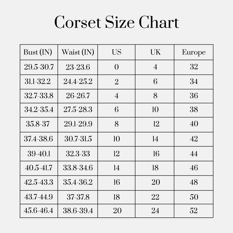 K&ouml;nnte beinhalten: Eine Korsett-Gr&ouml;&szlig;entabelle mit Ma&szlig;en in Zentimetern. Die Tabelle enth&auml;lt Brust- und Taillengr&ouml;&szlig;en sowie entsprechende US-, UK- und europ&auml;ische Gr&ouml;&szlig;en. Die Tabelle reicht von 75 cm bis 118 cm Brustumfang.