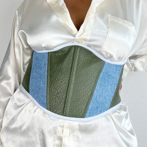 Leather and Denim Corset Belt Underbust Corset Renaissance Green and Blue Waist Corset Denim Corset Belt Wide Corset Belt