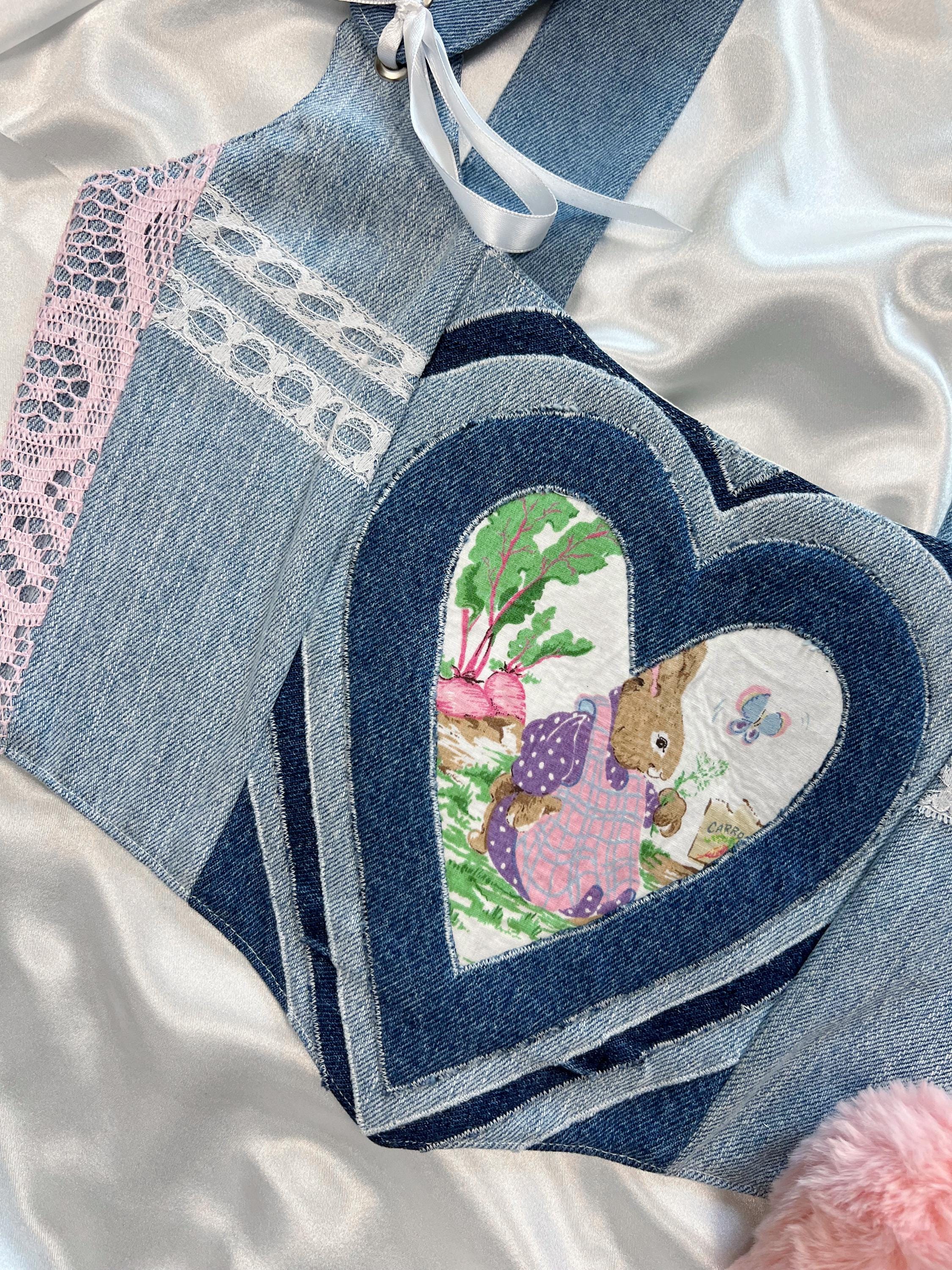 Patchwork Denim Heart Corset Top – Handmade Lace Trim Bustier With