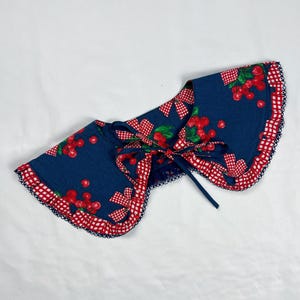 Cherry Bow Detachable Ruffle Peter Pan Collar, Removeable Bib Collar, Cherry Print Cotton Removeable Collar, Ruffle Collar
