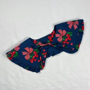 Cherry Bow Detachable Ruffle Peter Pan Collar, Removeable Bib Collar, Cherry Print Cotton Removeable Collar, Ruffle Collar