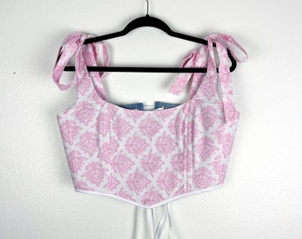 Handmade Pink Floral Corset Top: Cotton Tie Straps