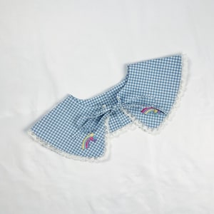 Blue Checkered Detachable Ruffle Peter Pan Collar, Removeable Bib Collar, Checkered Print Cotton Removeable Collar, Ruffle Collar