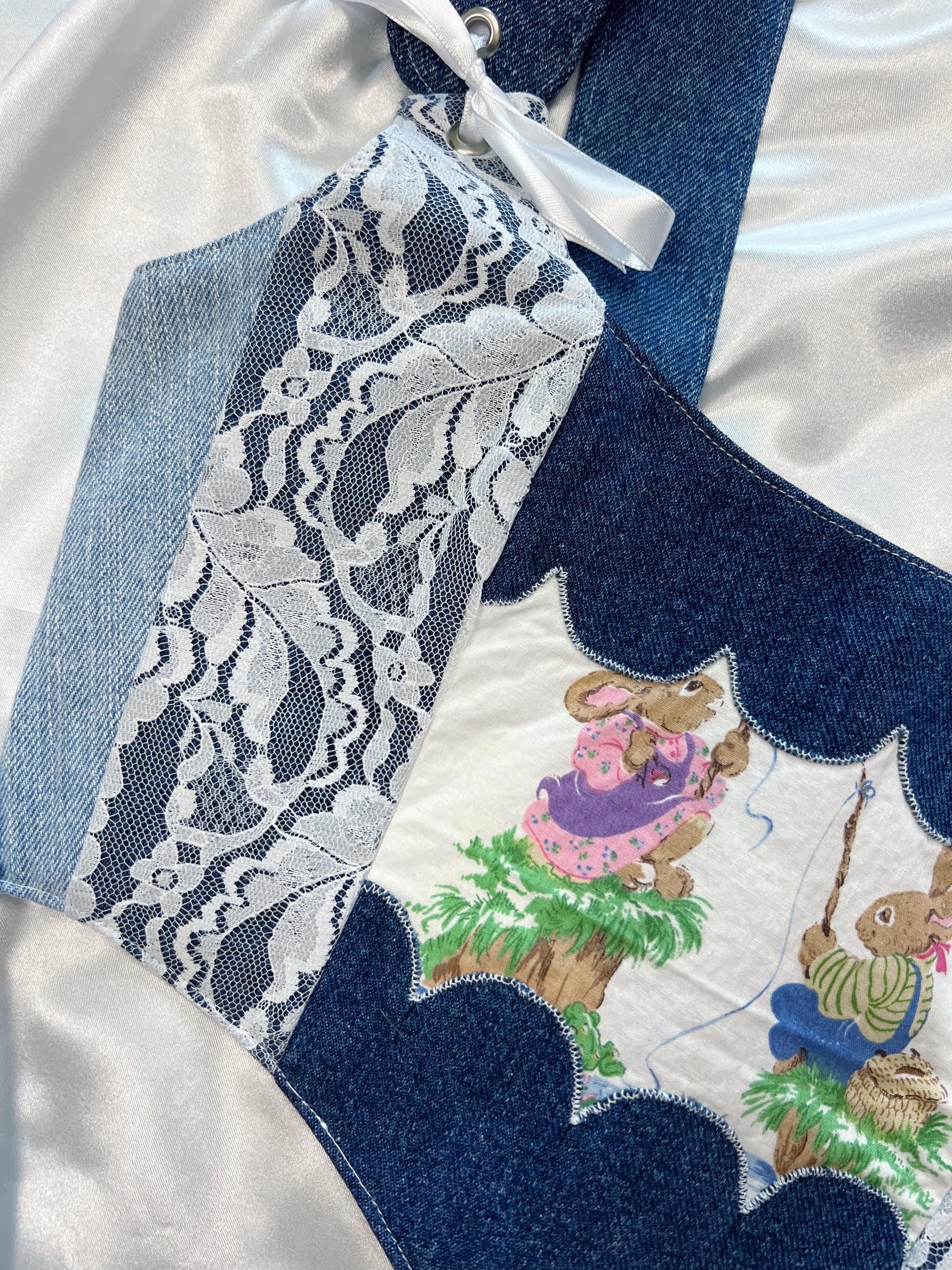 Patchwork Denim Corset Top – Handmade Bustier With Lace Trim and