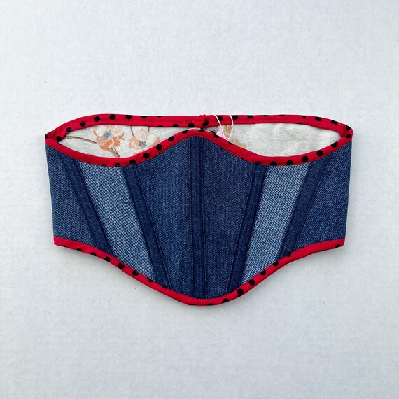 Denim Corset Belt With Red Polka Dot Trim – Upcycled Waist  display picture 2