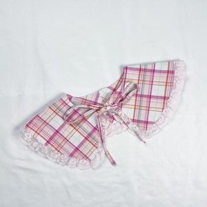 Pink Plaid Detachable Ruffle Peter Pan Collar, Removeable Bib Collar, Plaid Print Cotton Removeable Collar, Ruffle Collar