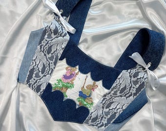トップス DENIM PATCHWORK PRINT BUSTIER Patchwork Denim Corset Top – Handmade Bustier With Lace Trim and
