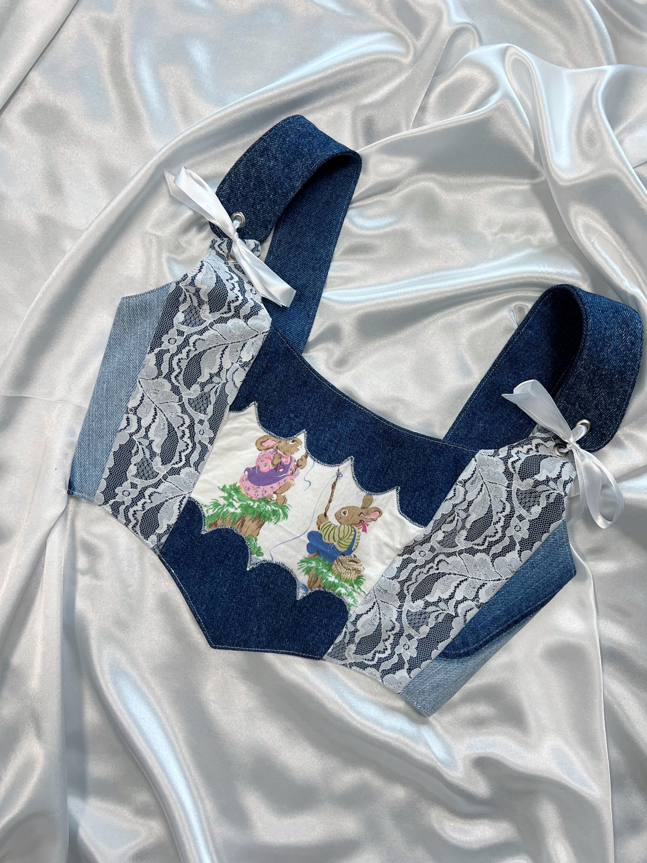 トップス DENIM PATCHWORK PRINT BUSTIER Patchwork Denim Corset Top – Handmade Bustier With Lace Trim and