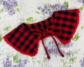 Red Gingham Detachable Collar – Handmade Cottagecore Bow Collar, Vintage Inspired Peter Pan Collar