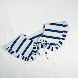 Blue Striped Detachable Ruffle Peter Pan Collar, Removeable Bib Collar, Striped Print Cotton Removeable Collar, Ruffle Collar