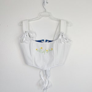 Embroidered Floral Corset Top: White Cotton Summer Crop Top, Handmade