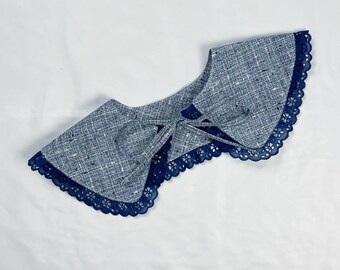 Blue & White Abstract Print Detachable Collar with Dark Blue Lace Trim