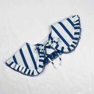 Blue Striped Detachable Ruffle Peter Pan Collar, Removeable Bib Collar, Striped Print Cotton Removeable Collar, Ruffle Collar