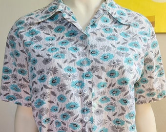 1960s Blue Floral Handmade Button Down Shirt – Large – Extra Large