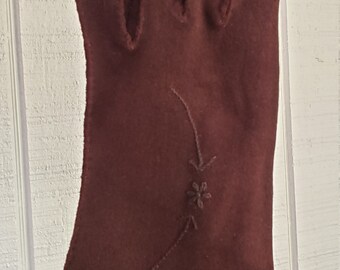 Midcentury Brown Cotton Gloves with Floral Embroidery