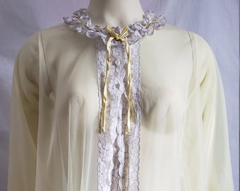 60s Sheer Yellow Bed Jacket with Gray and White / S