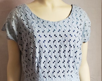 1950s Blue Eyelet Dress by Ann Colby with Slip / XL