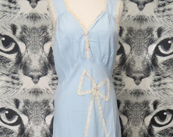 50s Full Length Pale Blue Nylon Nightie with Lace Bow Detail by Lorelle / L / XL