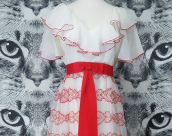 60s / 70s White and Red Flocked Floral Maxi Dress / M / L