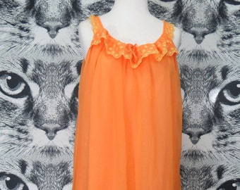 60s Orange Nightie with Floral Lace Details / L