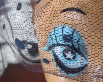 60s Navy Veil Birdacage Hat with Flocked Polka Dots