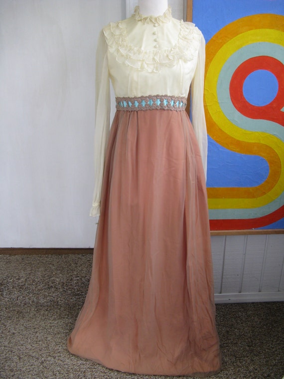 60s / 70s Sheer Cream and Blue Formal Dress / NOS… - image 1