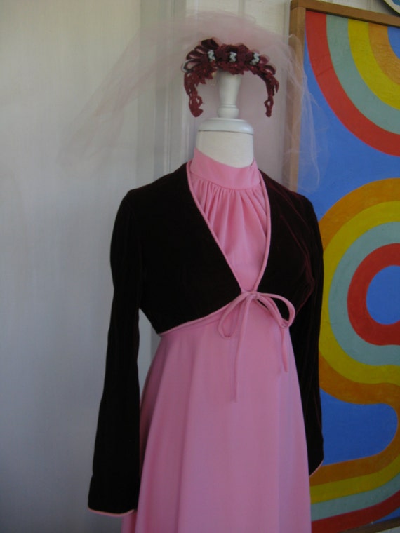 70s Pink Formal Gown with Velvet Jacket and Match… - image 1