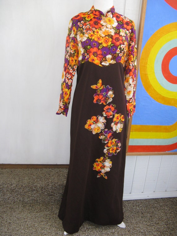 60s Neon Flower Power Maxi Dress / L / XL
