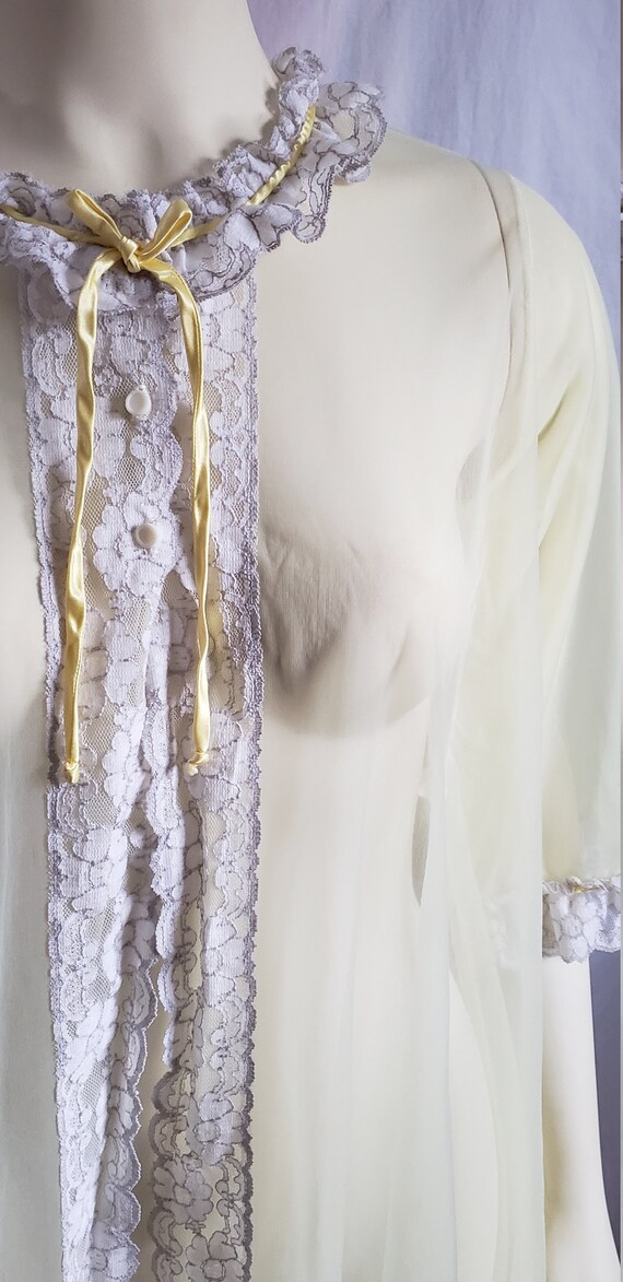 60s Sheer Yellow Bed Jacket with Gray and White /… - image 2