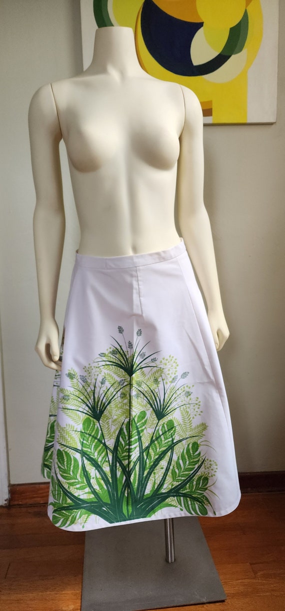 1960s Tropical Green and White Floral A-Line Skirt