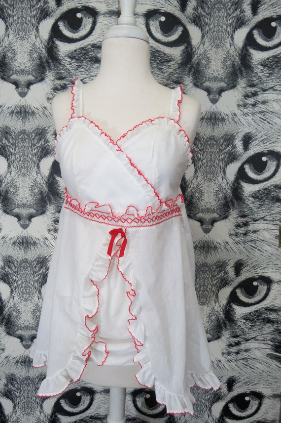 60s Red and White Babydoll Teddy and Panties Set /