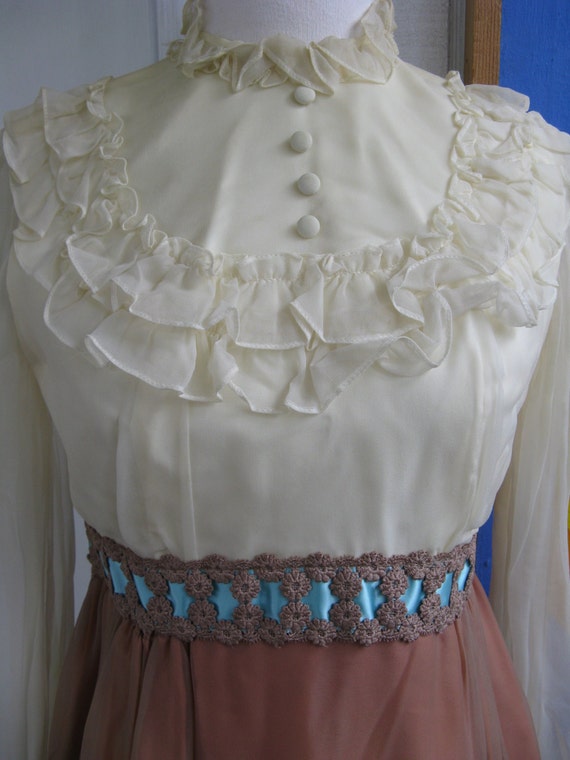 60s / 70s Sheer Cream and Blue Formal Dress / NOS… - image 3