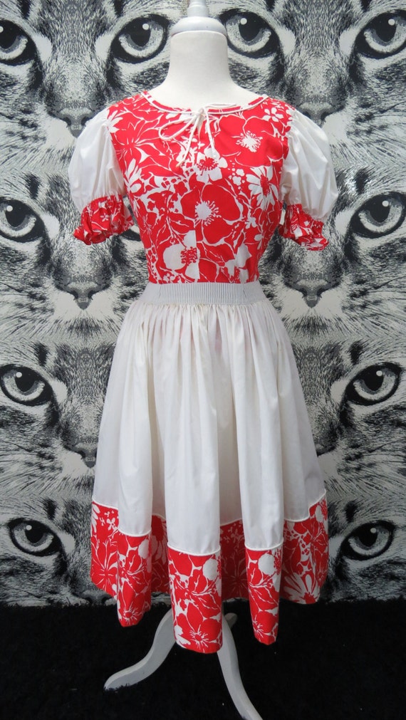 60s Handmade Red Floral Square Dance Skirt and Blo