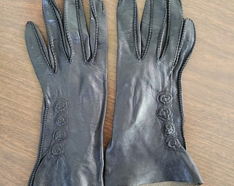 Midcentury Black Kid Leather Gloves with Rosettes