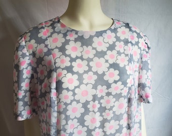 1960s Sheer Pink and Gray Floral Handmade Dress / XL