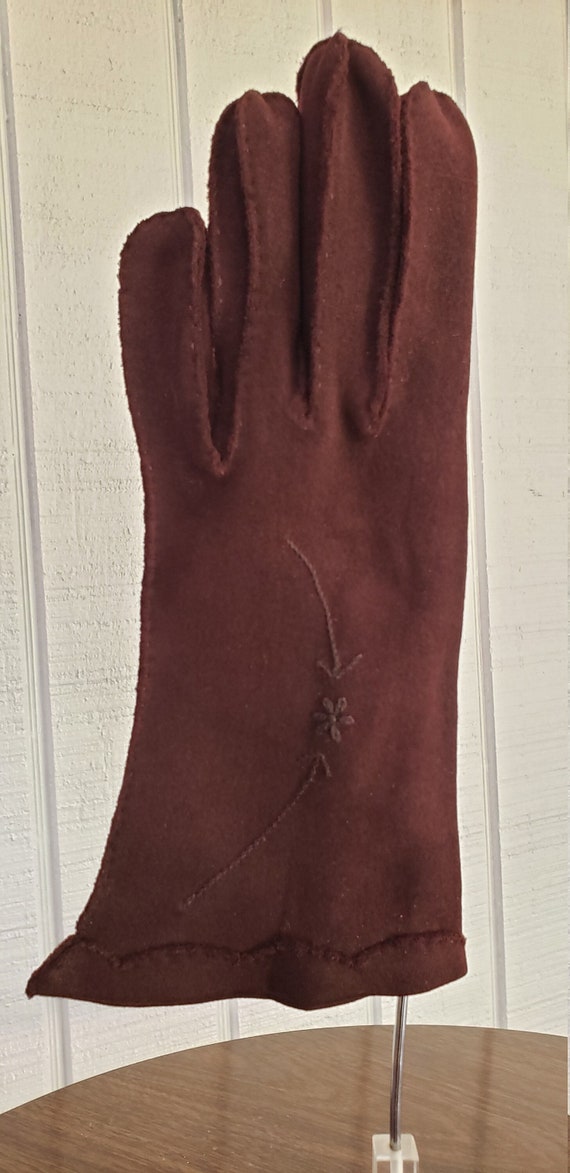 Midcentury Brown Cotton Gloves with Floral Embroid