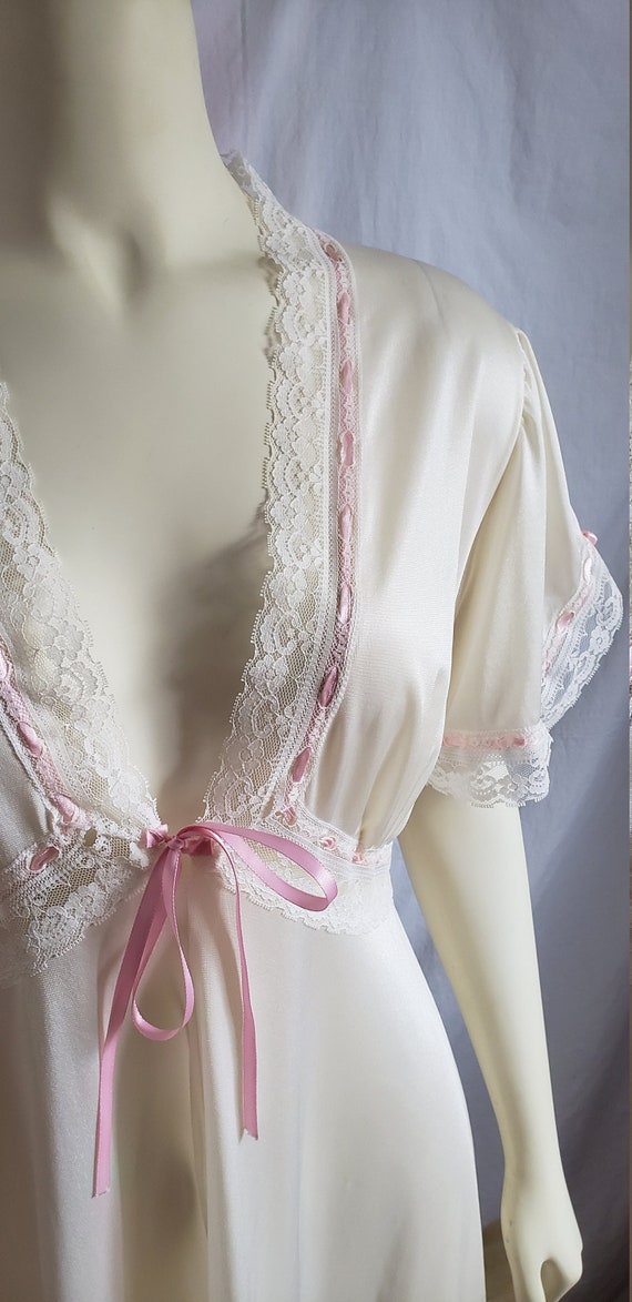 60s / 70s Sheer Cream Night Gown with Pink Ribbon 