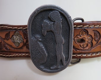 70s / 80s Tooled Floral Leather Belt with Aubrey Beardsley Buckle