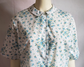 1970s Blue and White Floral House Dress / XL