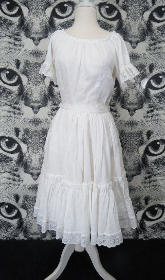 60s White Cotton Peasant Squaredance Set / M / L