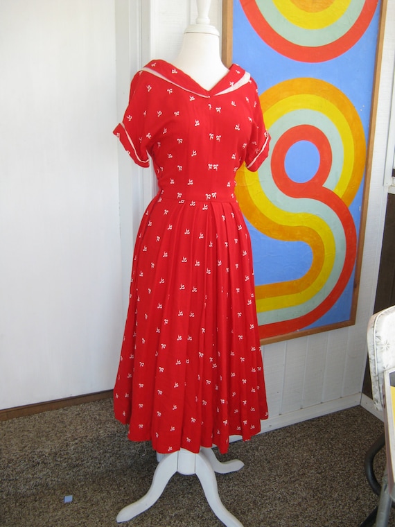 50s Adorable Red Swing Dress, Full Skirt, Handmade