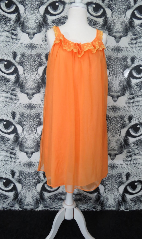 60s Orange Nightie with Floral Lace Details / L