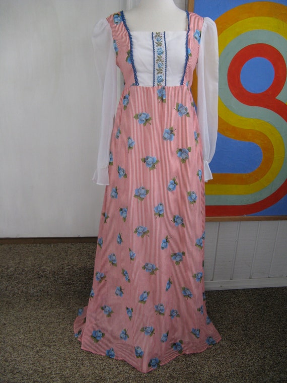 60s Blue Rose Cotton Blend Maxi Dress / Made in Ca