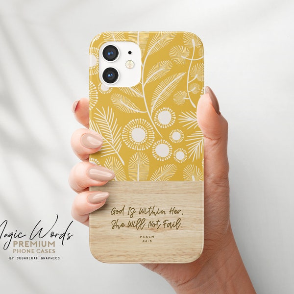 Psalm 46:5 Phone Case God Is Within Her She Will Not Fail Bible Verse iPhone Case Christian Quote Boho Yellow Floral Pattern Samsung Case